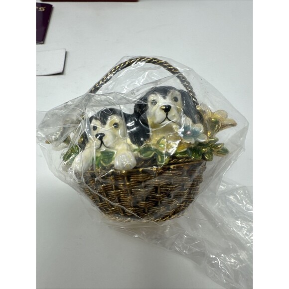 Bridgman Treasures Pewter Puppies in Flower Basket Trinket Box & Necklace Dogs - Picture 3 of 14